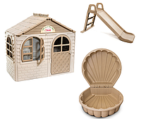 ЕКО НОВИНКА Дитячий ігровий будиночок зі шторками, дитяча гірка та пісочниця мушля ТМ Doloni