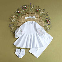 Стильное крестильное платье с вышивкой набор с повязкой и штанишками, Крестильный набор для девочки, 74