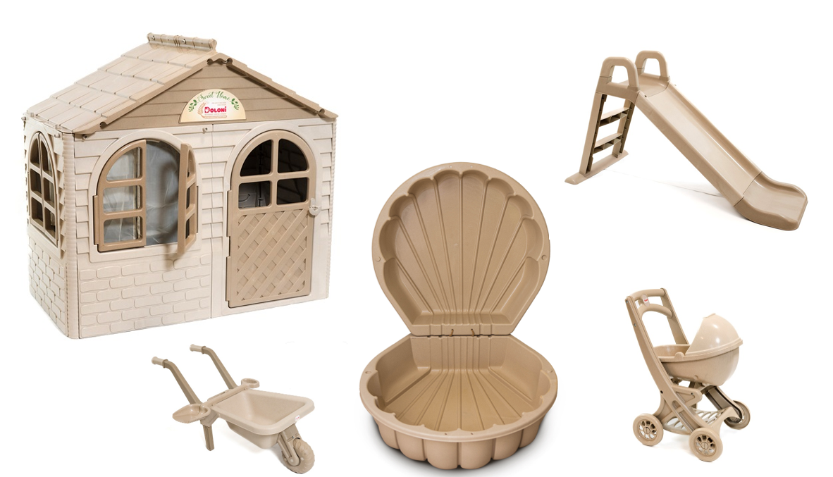 ЕКО НОВИНКА Дитячий будиночок зі шторками, гірка, тачка з лопаткою, коляска та пісочниця мушля ТМ Doloni, фото 1
