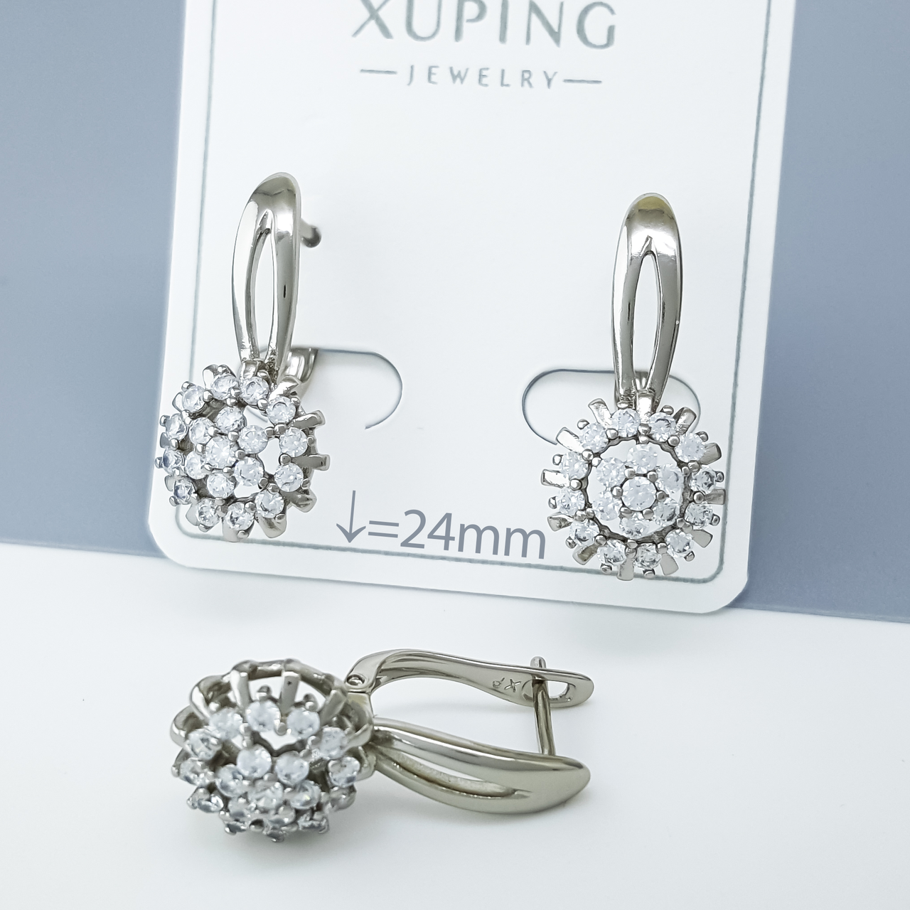 Сережки "Квітка" з розсипом каміння, англ.замок, медсталь Xuping, родій