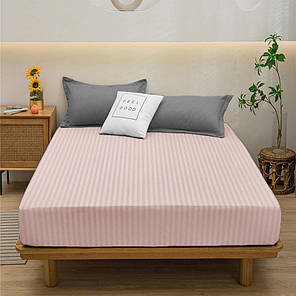 Двоспальне натяжне євро простирадло на гумці з бязі бавовна (180*200*25) однотонне в смужку персикова, фото 1