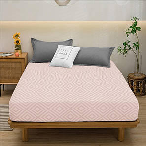 Натяжне щільне простирадло рожеве на гумці двоспальне (140*200*25) бавовняне однотонне ромб персиковий, фото 1