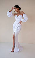 Белое длинное платье футляр с съемными пышными рукавами (XS, S, M)