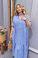 Летнее голубое платье в пол принт клетка из ткани штапель с короткими рукавами и воланом по подолу