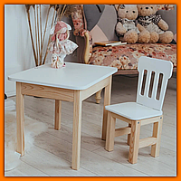 Детский столик и стульчик для занятий и игр, комплект деревянный белый столик с нишей и стульчик для малышей