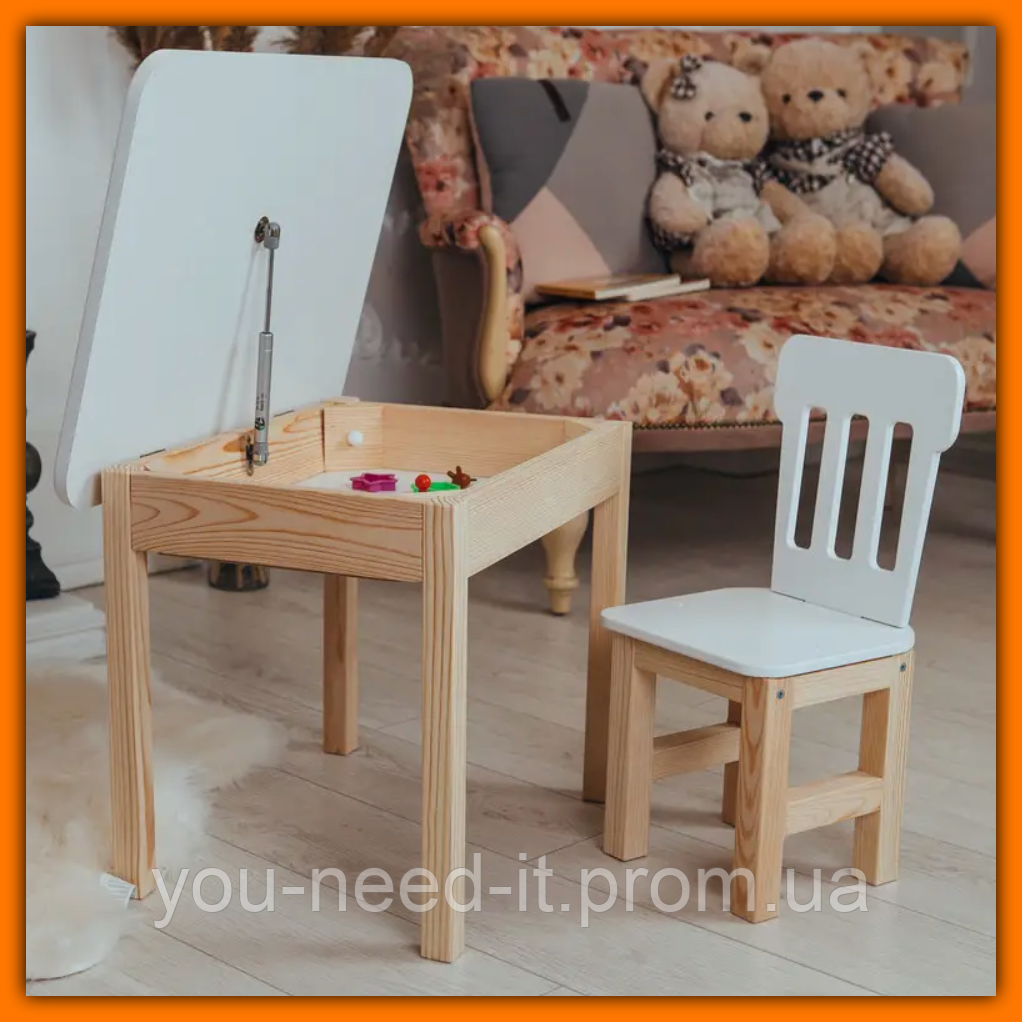Дерев'яний розкладний дитячий столик і стільчик для творчості, дитячі столики та стільчики білого кольору