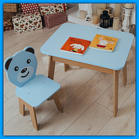 Детский яркий деревянный комплект столик с нишей и стул, набор деревянной мебели для ребенка и ег |это нужно Голубой