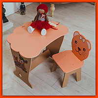 Детский деревяный столик и стульчик для игр, стол пенал детский дошкольный с нишей для творчеств |это нужно Персиковый