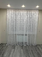 Тюль жаккардовая мрамор зал на тесьме размер 3м*2.7м белого цвета.