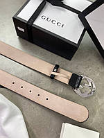 Ремень черный Gucci Signature серебристая пряжка r107 высокое качество