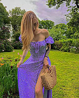 Стильное обтягивающее платье женское макси, легкое платье лиловое в цветы длинное с разрезом
