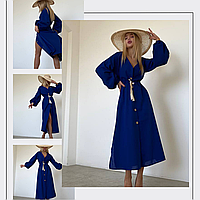 Льняное платье миди в стиле бохо синего цвета