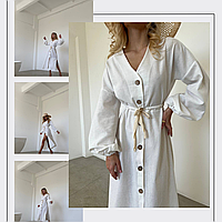 Льняное платье миди в стиле бохо белого цвета