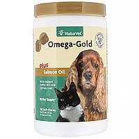 NaturVet, Omega-Gold с жиром лосося, добавка для собак и котов, улучшение состояния кожи и шерсти, 180 мягких