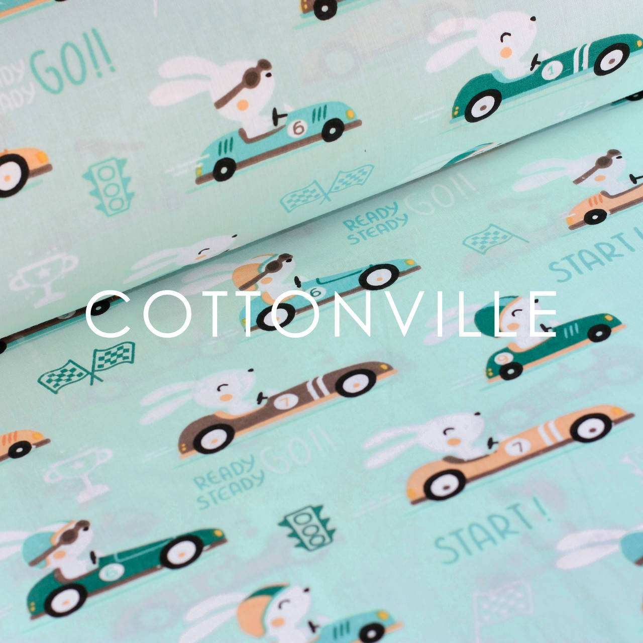 

✁ Отрезы бязи Зайцы в машинках мята