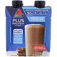 Atkins, Plus Protein & Fiber, Сливочный молочный шоколад, 4 коктейля, 11 жидких унций (325 мл) каждый