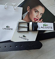 Мужской стильный кожаный ремень Lacoste black в фирменной коробке и пакете высокое качество