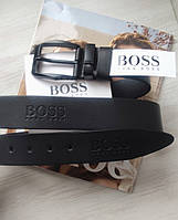 Кожаный мужской черный ремень с тиснением Hugo Boss black высокое качество