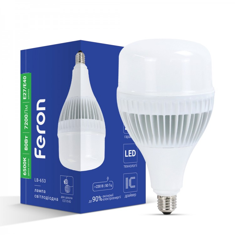 Світлодіодна лампа Feron LB-653 80Вт Е27-E40 6500K 7200Лм 130х240 мм