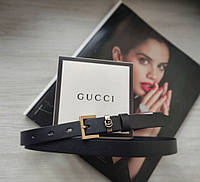 Женский узкий кожаный ремень Gucci black пряжка бронза высокое качество
