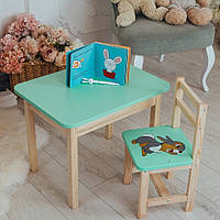 Столик с ящиком и стульчик зеленый картинка зайчик детский . Для игры,учебы, рисования.
