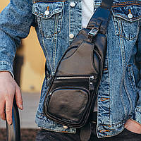 Кожаный мужской черный рюкзак-слинг Tiding Bag на одно плечо с двумя основными отделениями