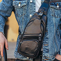 Черный мужской слинг Tiding Bag на плечо из натуральной кожи с двумя лицевыми карманами