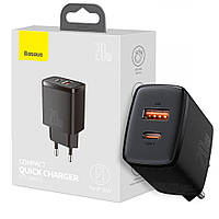 Мережевий зарядний пристрій Baseus Compact Quick Charger QC3.0+PD3.0 20W USB+Type-C 3A Чорний