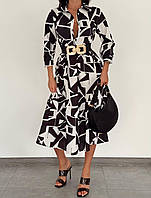Женское свободное легкое платье-рубашка из софта на пуговицах длины миди Цвет Черный Абстрактный Принт