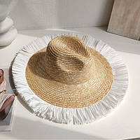 Літній широкополий солом'яний капелюх Федора з білою бахромою RONSARD