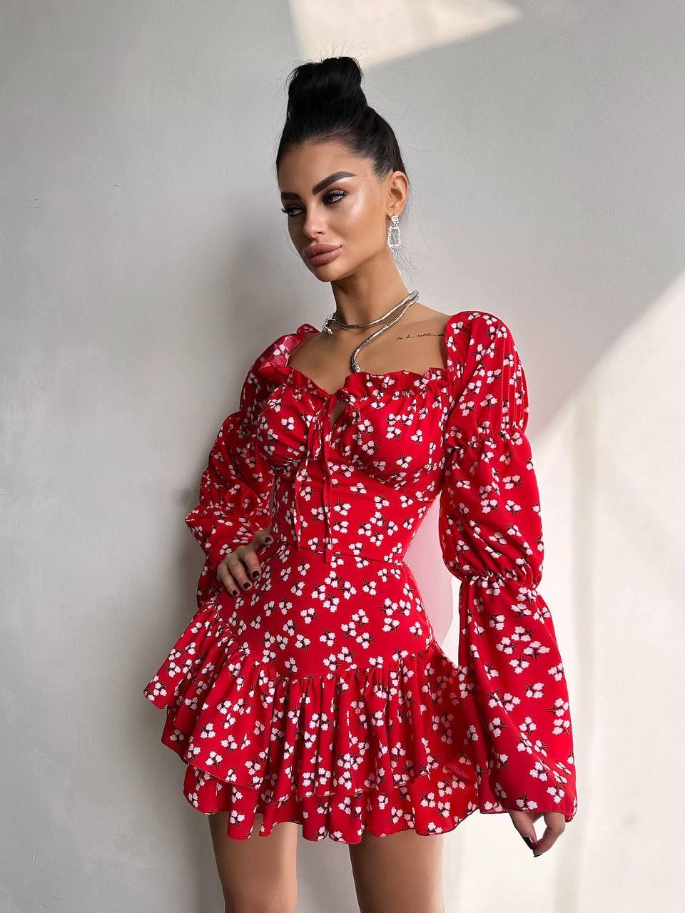 Коротке квіткове плаття з воланами на спідниці та розкльошеними рукавами (р. S, M) 66PL5675Е, фото 1