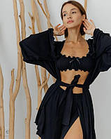 Домашний костюм "Afina" (халат+топ+штаны) трикотаж двунитка Черный