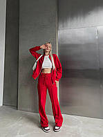 Красный женский повседневный костюм из двунитки в стиле Zara: Штаны клёш с карманами и Кофта на молнии