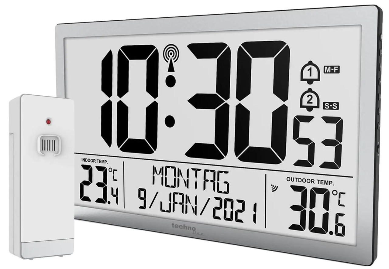 Електронний настінний годинник Technoline WS8113 Silver | Великий дисплей, Календар, Термометр, Датчик зовнішньої температури