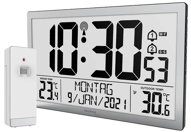 Електронний настінний годинник Technoline WS8113 Silver | Великий дисплей, Календар, Термометр, Датчик зовнішньої температури, фото 1