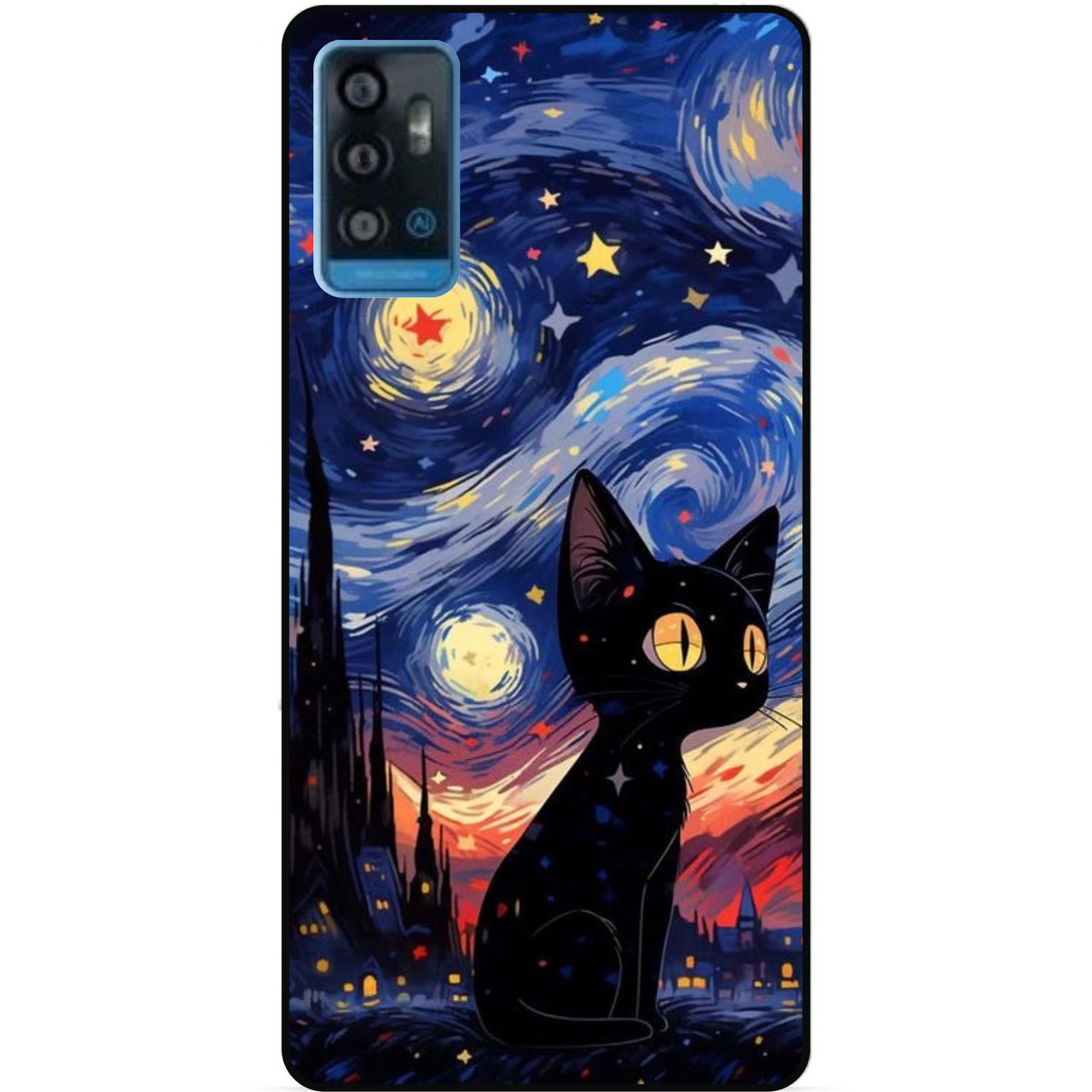 Силіконовий бампер чохол для ZTE Blade A71 з малюнком Котик Зіркова ніч Ван Гог