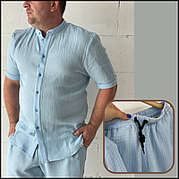 Классический летний мужской костюм голубого цвета шорты рубашка муслин, мужские костюмы шорты и футболка Bar
