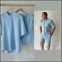 Комплект из муслина, мужской костюм с шортами легкий, голубая рубашка муслин, классные летние костюмы Bar