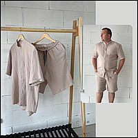 Костюм муслин бежевый лето рубашка и шорты, мужской пляжный костюм из муслина жатка Bar