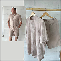 Бежевый комплект из муслина, мужской костюм с шортами легкий, рубашка муслин, классные летние костюмы Bar