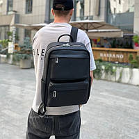 Мужской кожаный рюкзак для ноутбука с двумя лицевыми карманами и вертикальным карманом на молнии