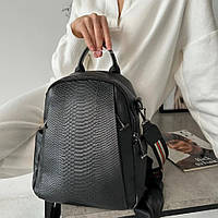 Черный кожаный женский рюкзак Tiding Bag с узором кожи крокодила и двумя отделениями
