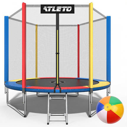 Вуличний дитячий батут із захисною сіткою і сходами Atleto 252 см multikolor + подарунок м'ячик для дачі вулиці, фото 1