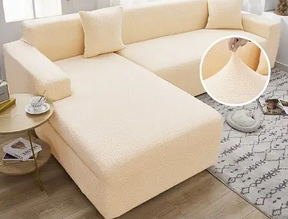 Знімний чохол на кутовий диван стильний жакардовий 3х+2х, універсальні чохли на кутові дивани Кремовий