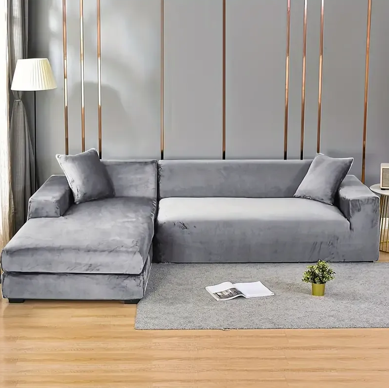 Знімний чохол на кутовий диван стильний велюровий 3х+2х, універсальні чохли на кутові дивани Графітовий, фото 1