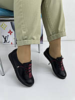 Мокасины женские Aras Shoes 1675-black-bordo черные на низком ходу 37