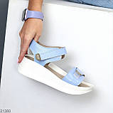 Блакитні шкіряні босоніжки натуральна шкіра на липучці, невисока танкетка взуття жіноче, фото 2