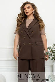 Подовжена модна жилетка з костюмної тканини коричневого кольору великих розмірів від 50 до 68