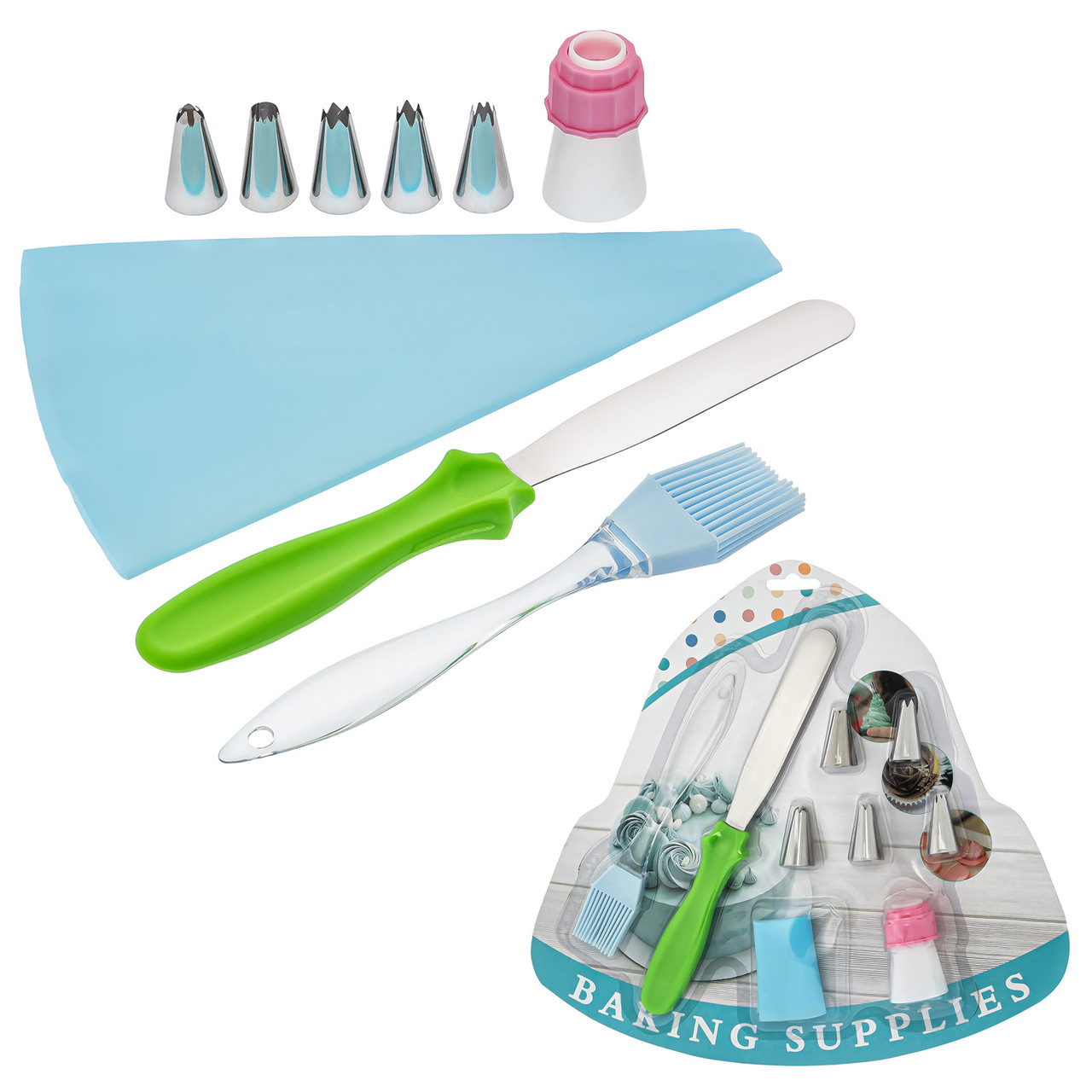 Набір кондитерський з 3 предметів та 5 насадок (шпатель, мішок силіконовий багаторазовий та пензлик)