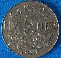Монета Канады 5 центов 1936 г.